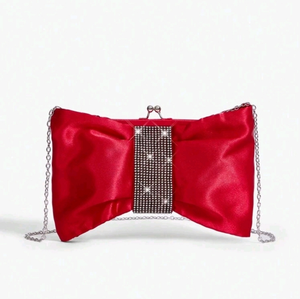 Elegant Red Bow Clutch Purse with Rhinestone Accent and Chain‎ Strap